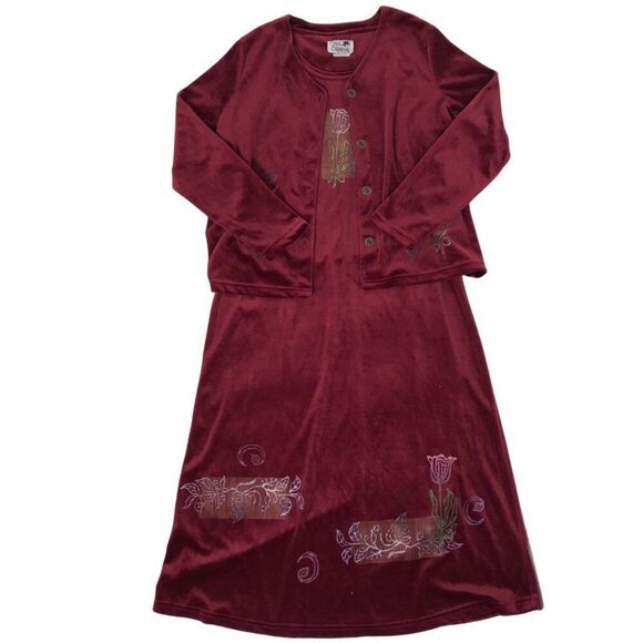Vintage 90s Red Floral Velour Cottagecore 2-Piece Maxi Dress Cardigan Set / L - Picture 7 of 9